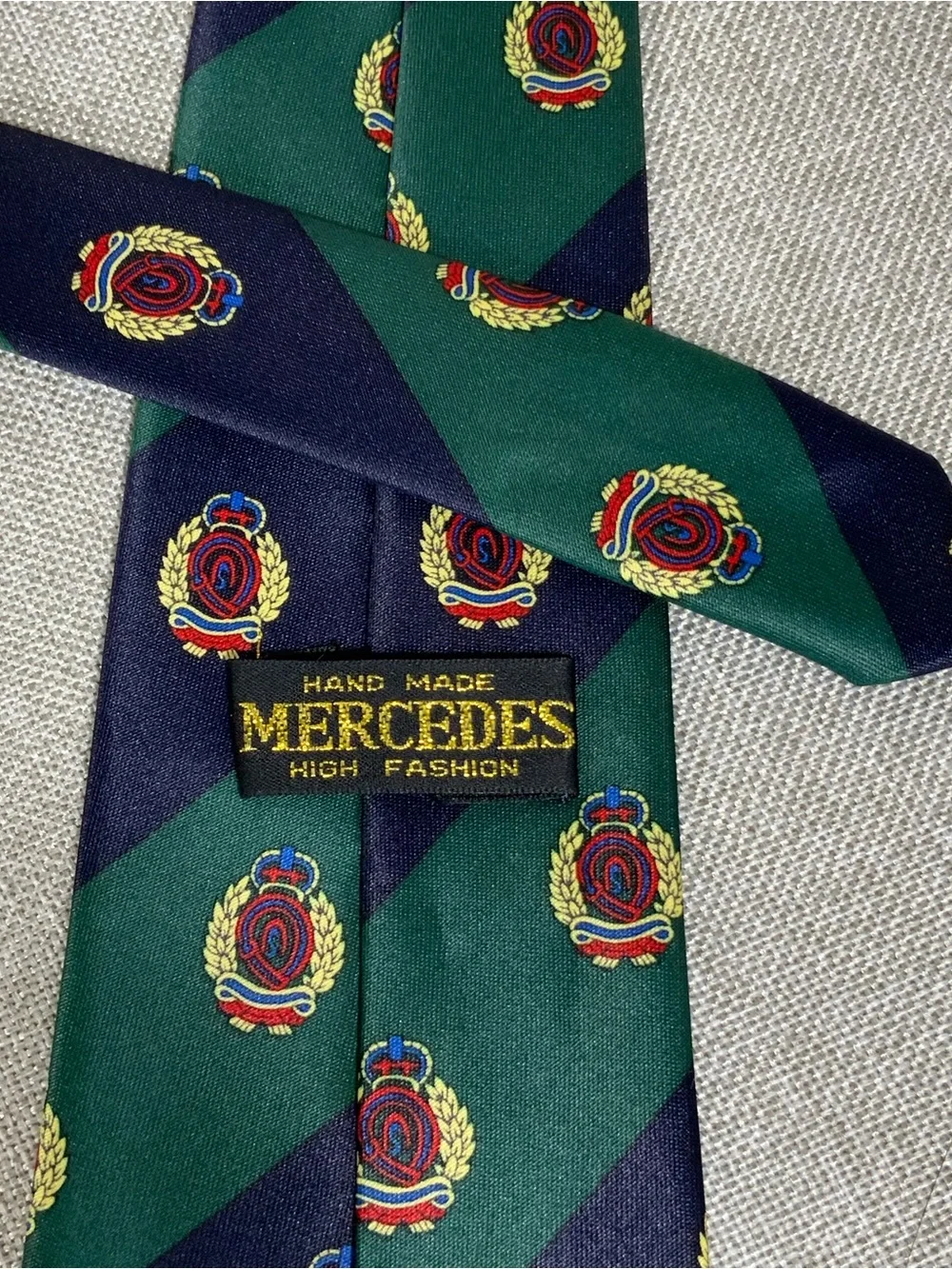 Navy Green Repp Stripe Crest Club Silk Tie Preppy Necktie
